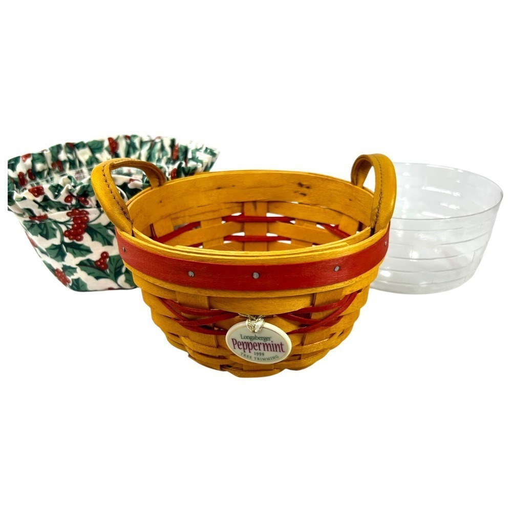 Longaberger PEPPERMINT Tree Trimming Basket Red 1999 w/ Protector Liner & Tie-on